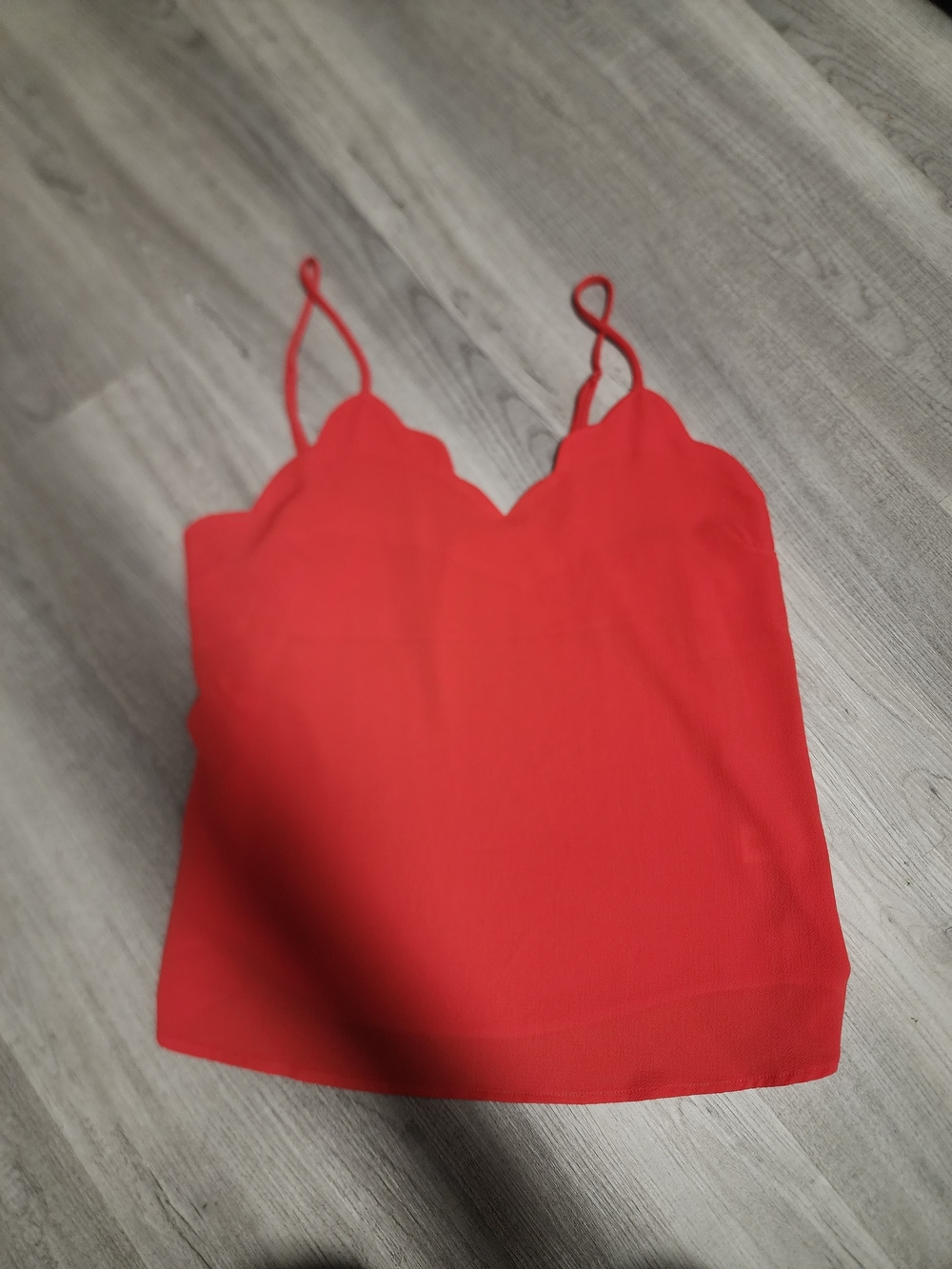 Red Scallop-Edge Spaghetti Strap Tank Top - Women